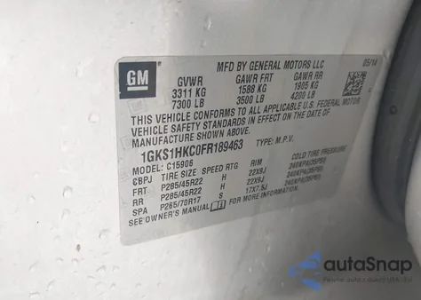 2015 GMC Yukon Xl 1500 Slt z USA, uszkodzony, nr VIN 1GKS1HKC0FR189463